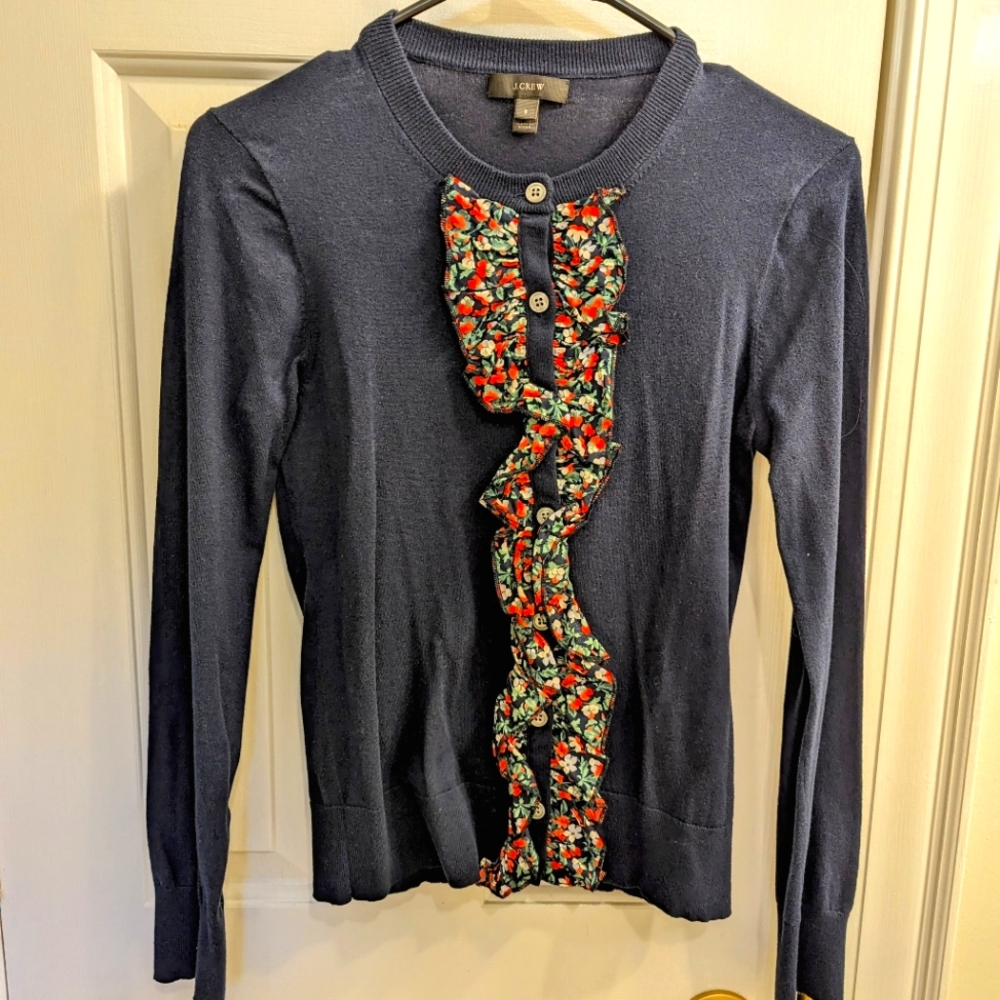 J. Crew Cardigan with floral ruffle size small
